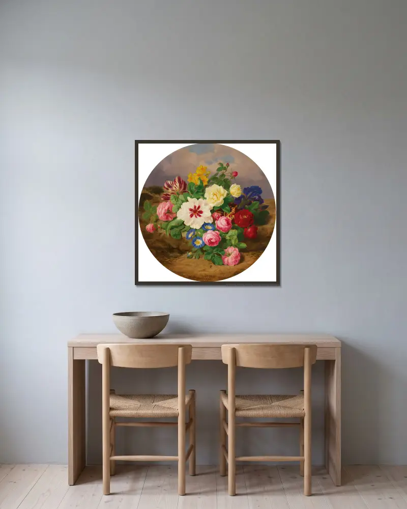 A Bouquet of Roses, Tulips and Narcissus on Sandy Ground av Josef Lauer inramad på en vägg