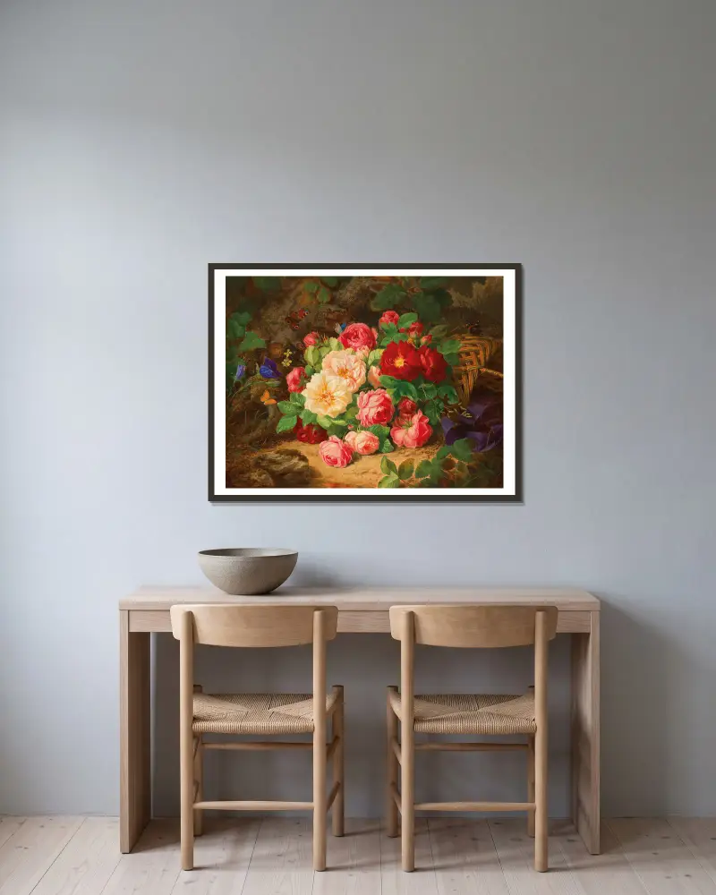 A Forest Floor with a Still Life of Roses and Butterflies av Josef Lauer inramad på en vägg