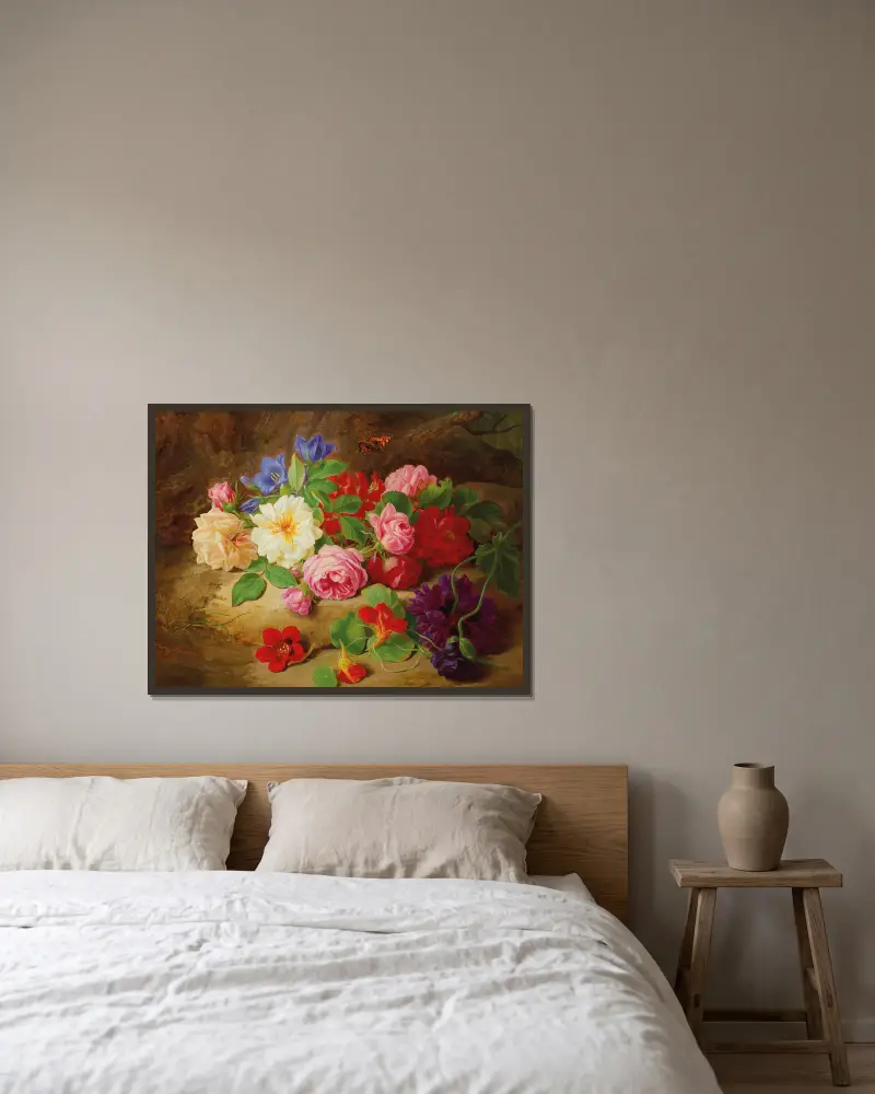 A Forest Floor with Roses and a Butterfly av Josef Lauer inramad på en vägg