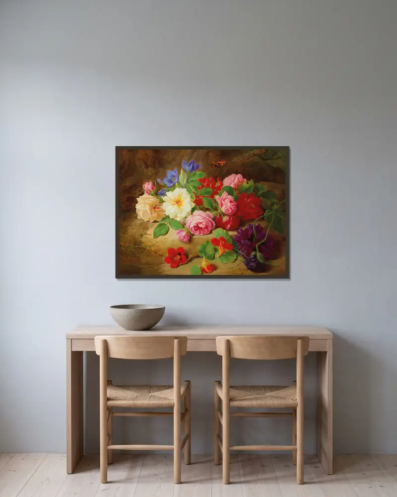 A Forest Floor with Roses and a Butterfly av Josef Lauer inramad på en vägg