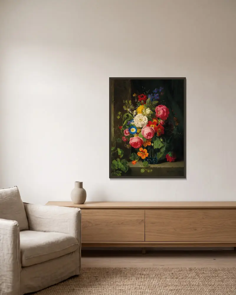 A Large Bouquet of Flowers with Roses, Nasturtium and Butterflies av Josef Lauer inramad på en vägg