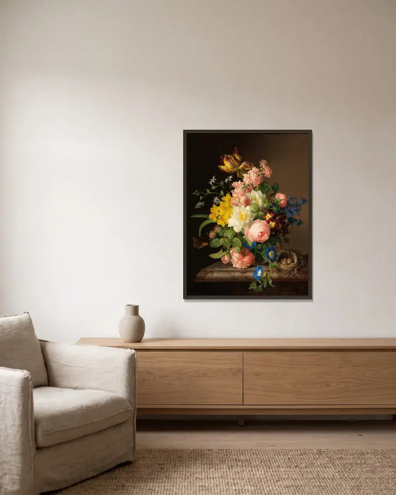 Blumenstrauß mit Vogelnest und Schmetterling av Josef Lauer inramad på en vägg
