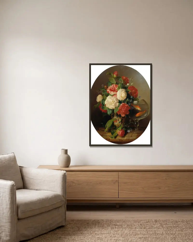 Blumenstück mit Goldfischglas von Josef Lauer gerahmt an einer Wand