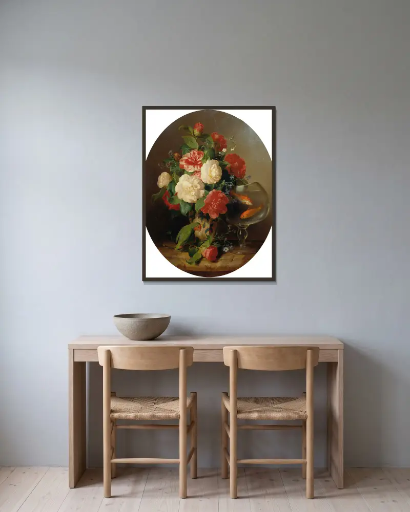 Blumenstück mit Goldfischglas von Josef Lauer gerahmt an einer Wand