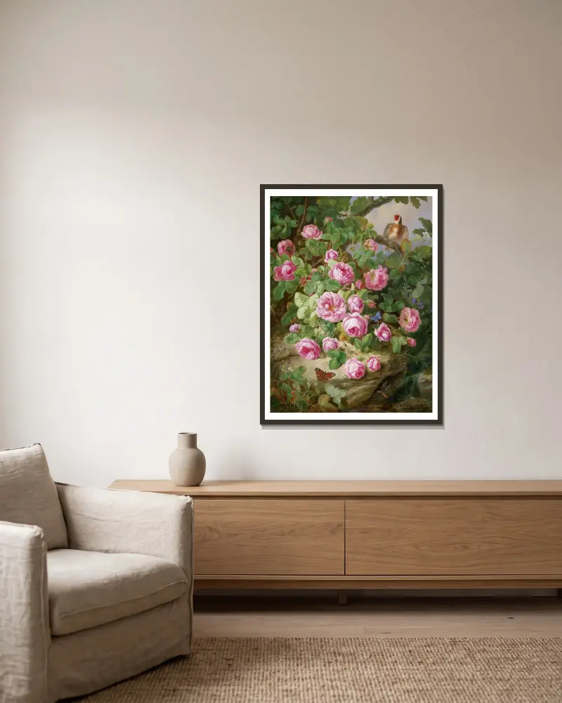 Großes Rosenstillleben mit Schmetterlingen und Vogel av Josef Lauer inramad på en vägg