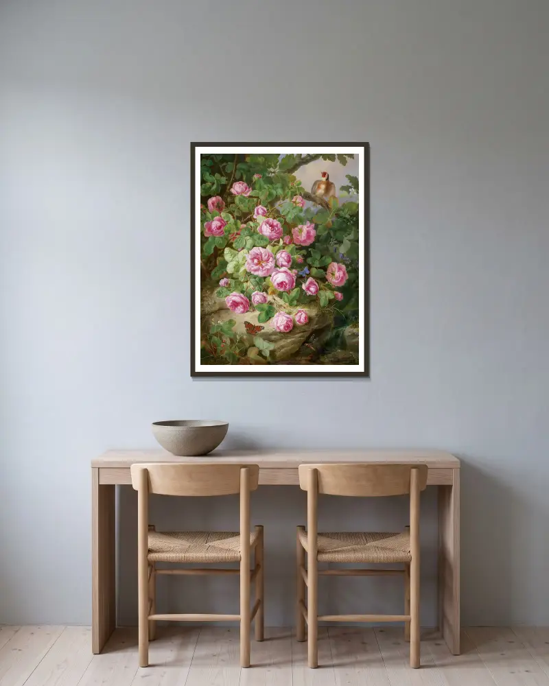 Großes Rosenstillleben mit Schmetterlingen und Vogel av Josef Lauer inramad på en vägg