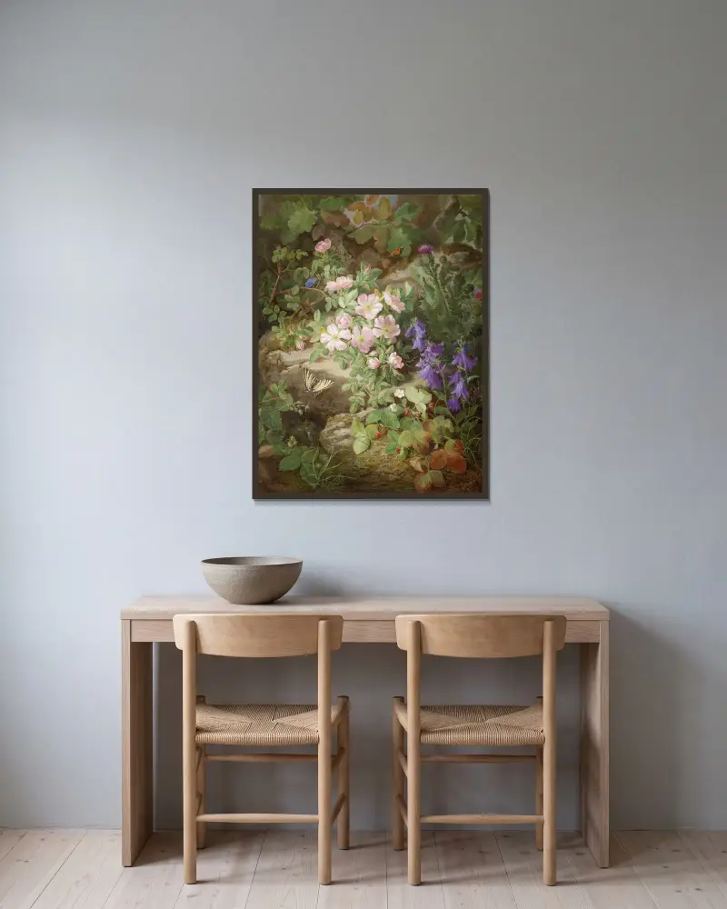 Großes Stillleben mit Alpenblumen av Josef Lauer inramad på en vägg