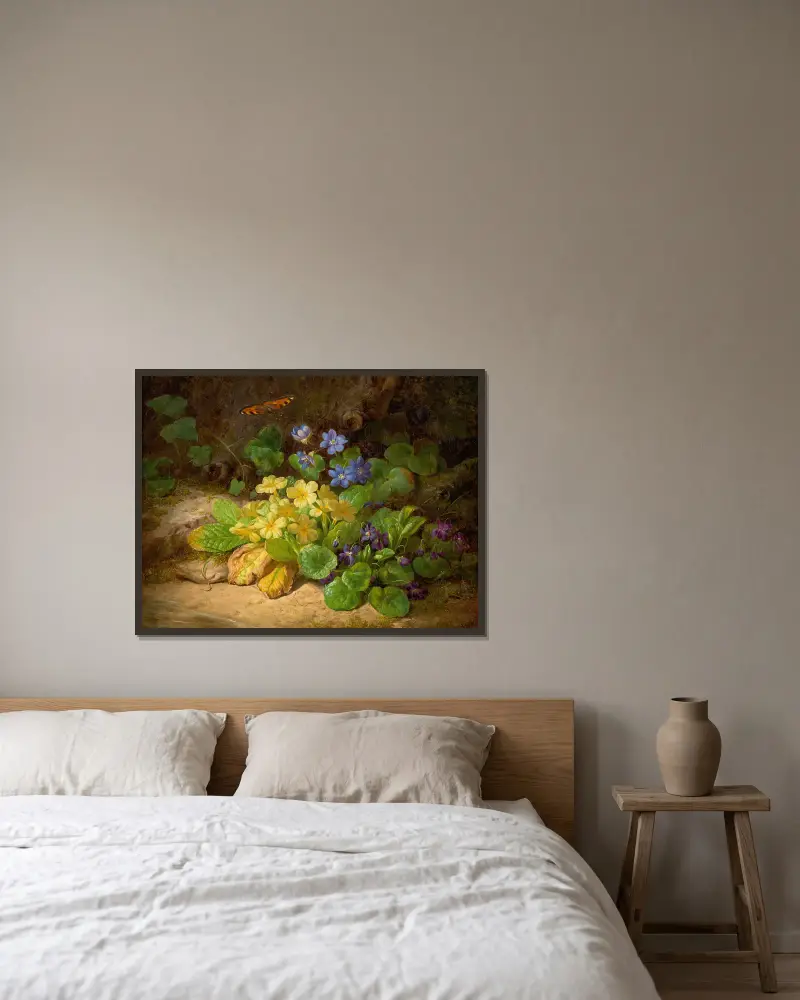 Kleines Blumenstück (Alpenblumen) von Josef Lauer gerahmt an einer Wand