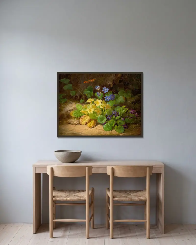 Kleines Blumenstück (Alpenblumen) von Josef Lauer gerahmt an einer Wand