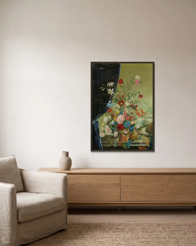 Opulent Flower Still Life with Birds av Josef Lauer inramad på en vägg