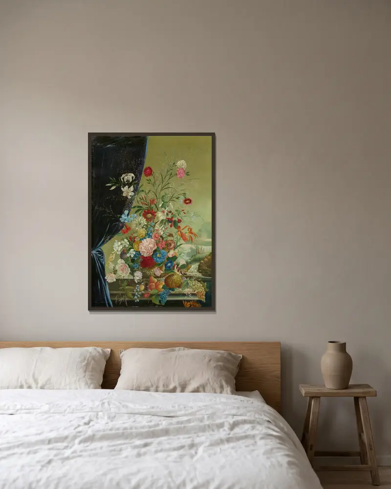 Opulent Flower Still Life with Birds av Josef Lauer inramad på en vägg