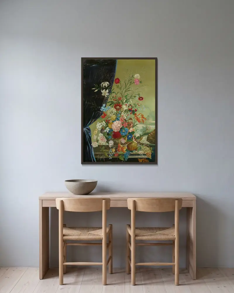 Opulent Flower Still Life with Birds av Josef Lauer inramad på en vägg