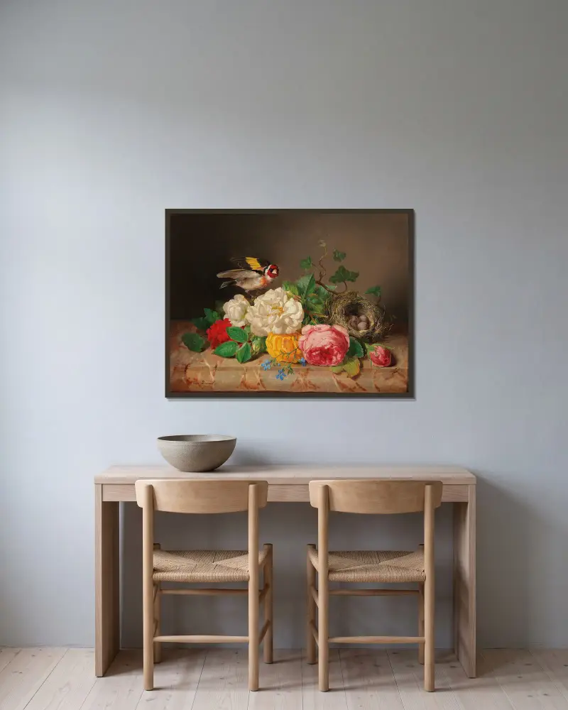 Rosenstück mit Stieglitz und Vogelnest av Josef Lauer inramad på en vägg