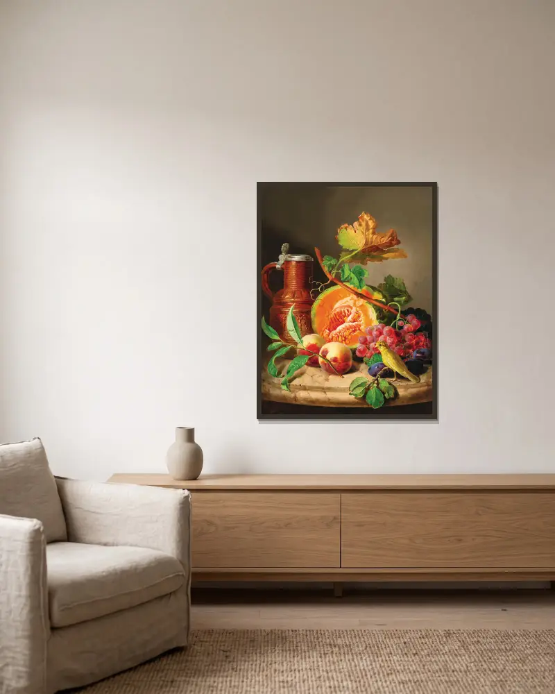 Still Life on a Marble Top with a Pumpkin, Grapes, a Peach and a Canary av Josef Lauer inramad på en vägg