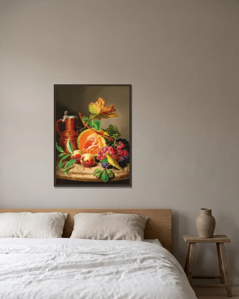 Still Life on a Marble Top with a Pumpkin, Grapes, a Peach and a Canary av Josef Lauer inramad på en vägg