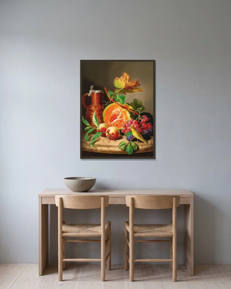 Still Life on a Marble Top with a Pumpkin, Grapes, a Peach and a Canary av Josef Lauer inramad på en vägg