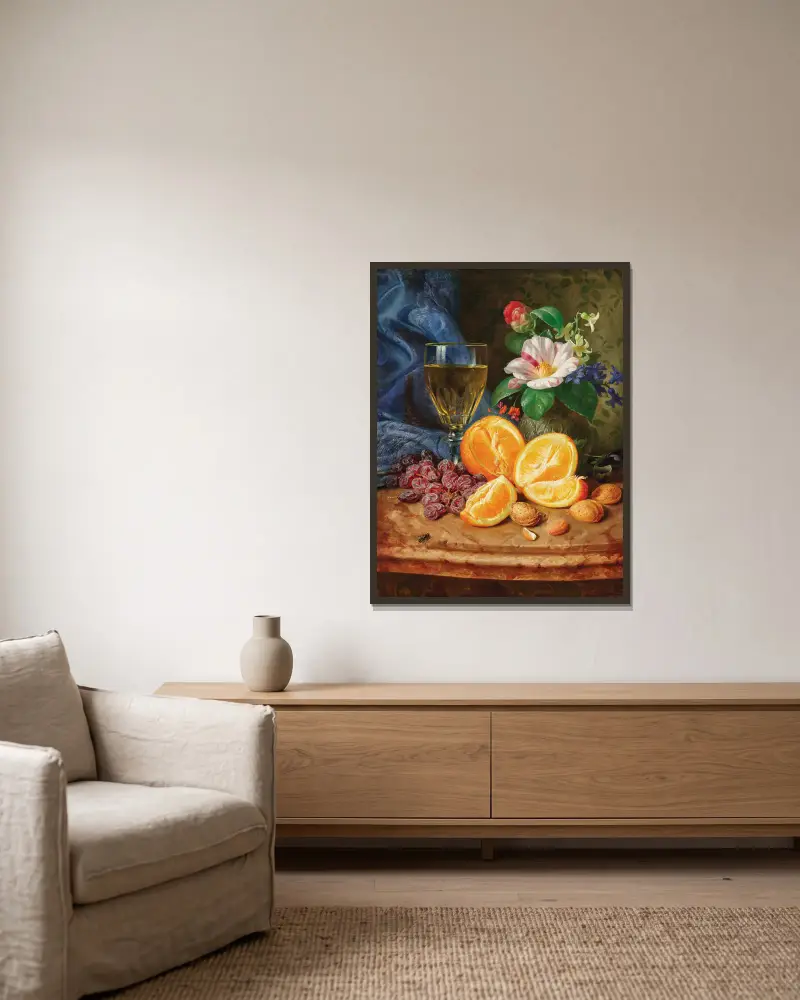 Still Life with Oranges, a Wine Glass and Camellias in a Vase av Josef Lauer inramad på en vägg