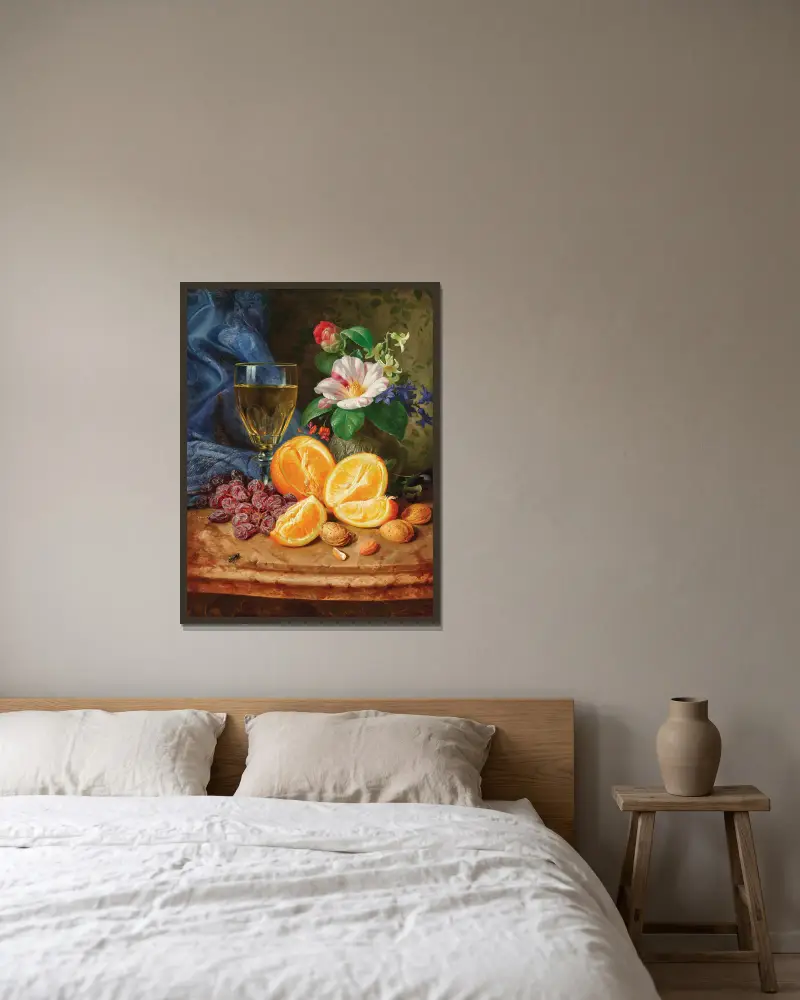 Still Life with Oranges, a Wine Glass and Camellias in a Vase av Josef Lauer inramad på en vägg