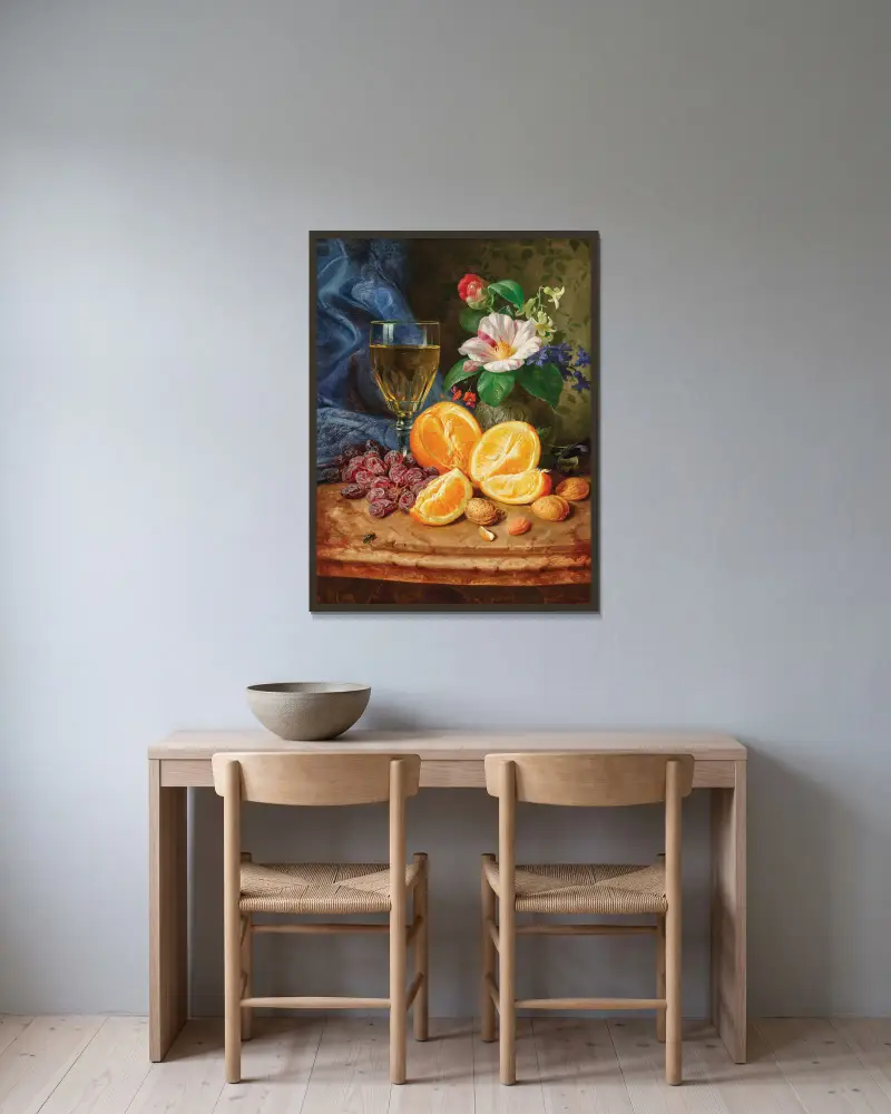 Still Life with Oranges, a Wine Glass and Camellias in a Vase av Josef Lauer inramad på en vägg