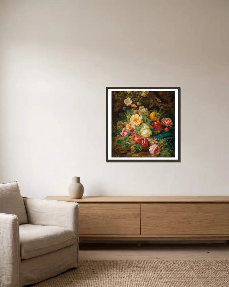 Still Life with Roses and Butterflies by a Brook in a Forest av Josef Lauer inramad på en vägg