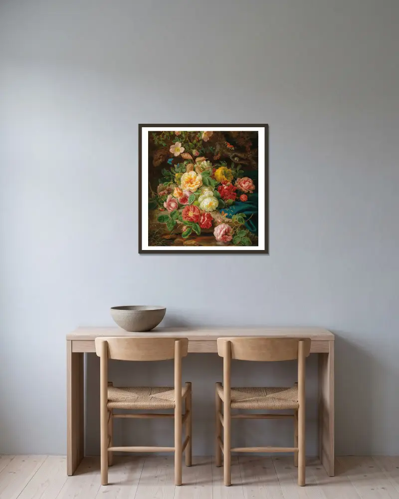 Still Life with Roses and Butterflies by a Brook in a Forest av Josef Lauer inramad på en vägg