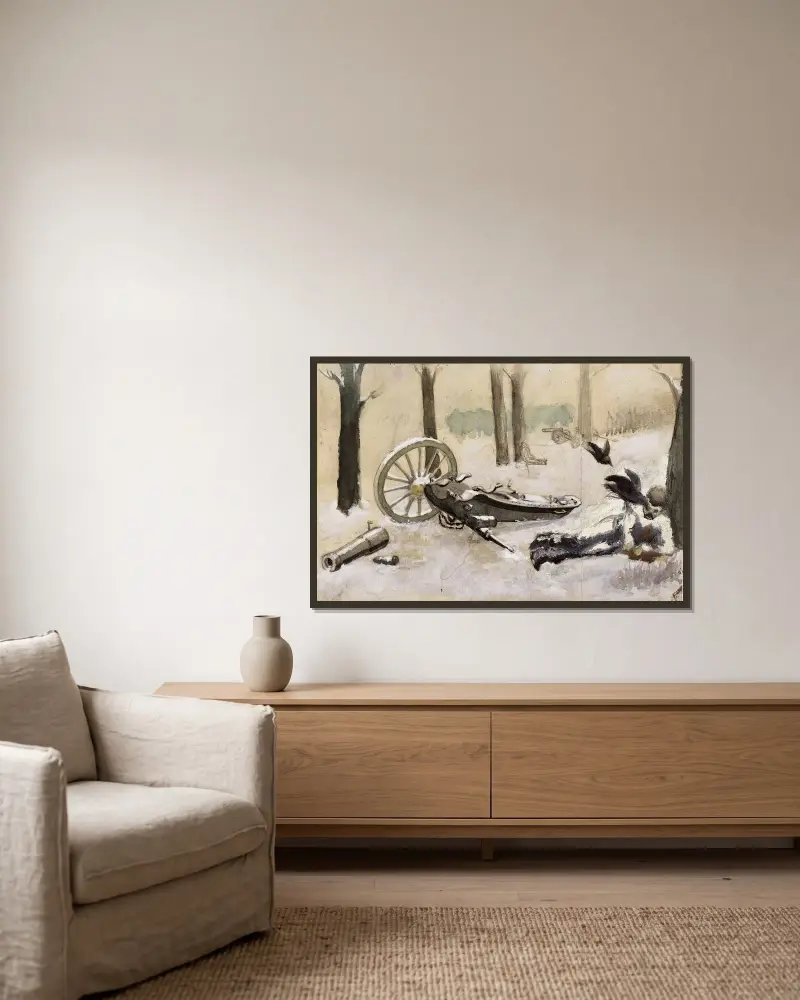 Studie till målningen Rysk stäpp – sårad man i snön bredvid en trasig kanon av Arthur-Joseph Gueniot inramad på en vägg