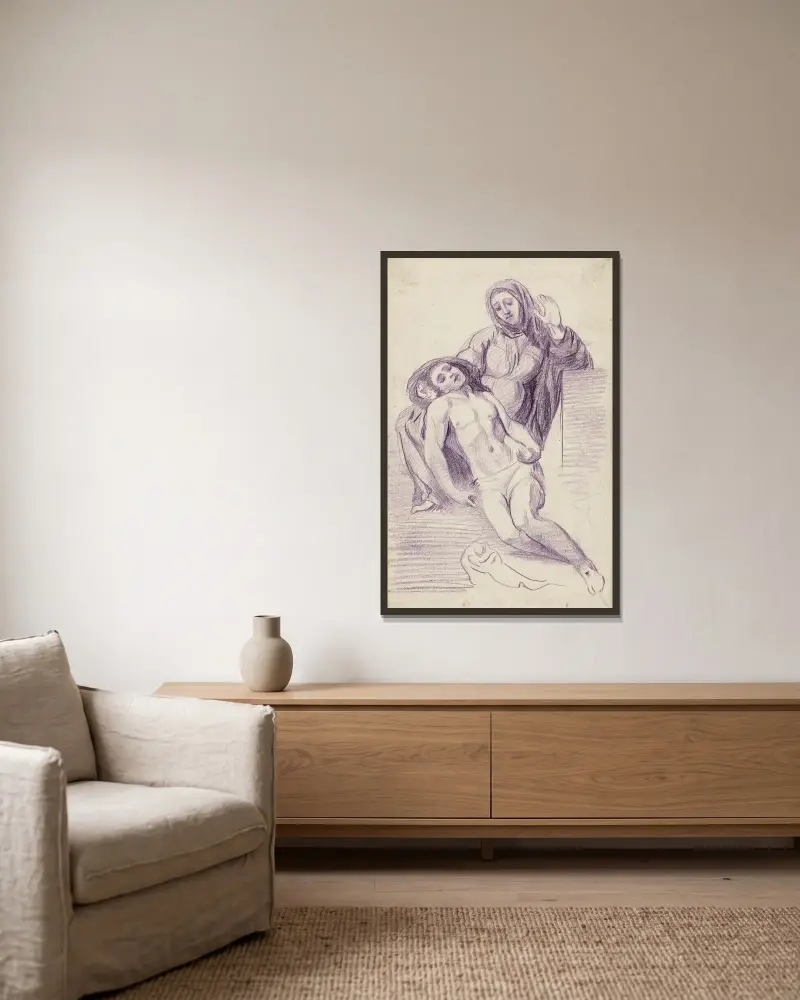 Studie för en pietà av Arthur-Joseph Gueniot inramad på en vägg