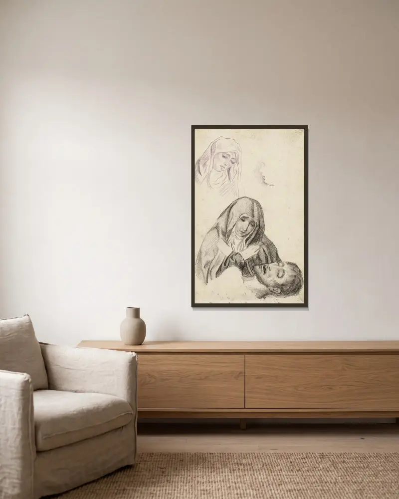 Studie für eine Pietà mit Wiederverwendung des Gesichts der Jungfrau von Arthur-Joseph Gueniot gerahmt an einer Wand