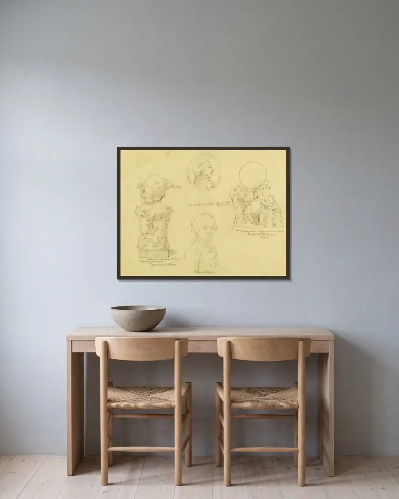 Studienblatt mit zwei Porträts von Pilatre de Rozier und zwei Terrakotten von Clodion von Arthur-Joseph Gueniot gerahmt an einer Wand
