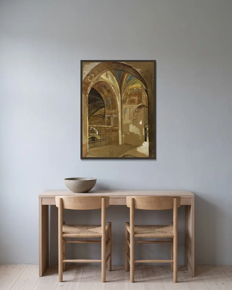 Intérieur de l’église Saint-François d’Assise av Arthur-Joseph Gueniot inramad på en vägg