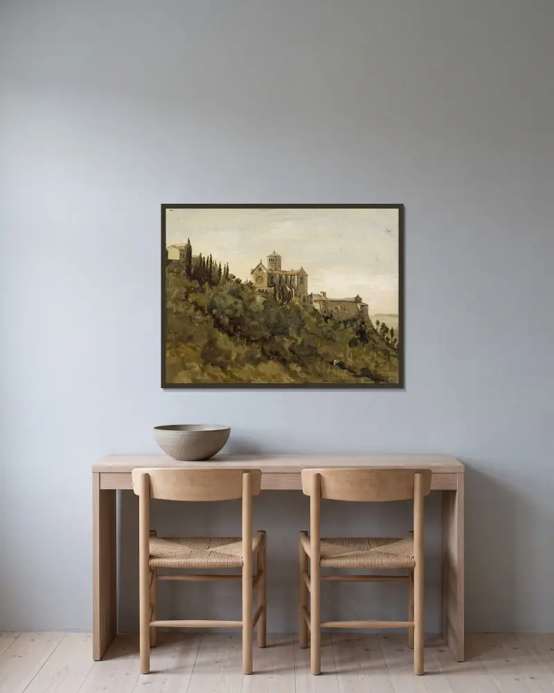 Der Hügel von Assisi von Arthur-Joseph Gueniot gerahmt an einer Wand