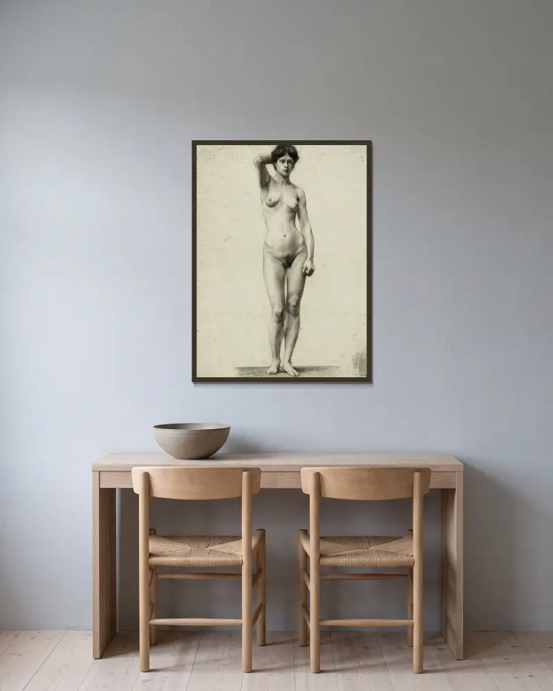 Modellen Renée Danjou (stående nakenstudie) av Arthur-Joseph Gueniot inramad på en vägg