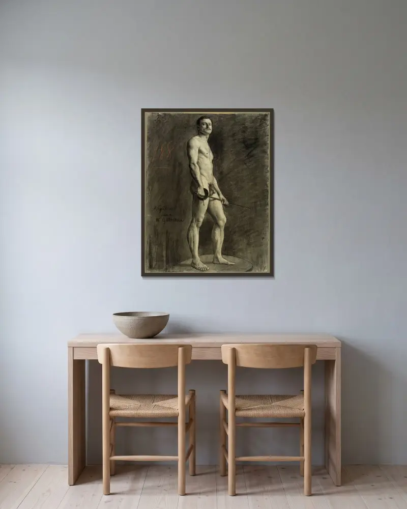 L’escrimeur nu, modèle d’atelier av Arthur-Joseph Gueniot inramad på en vägg