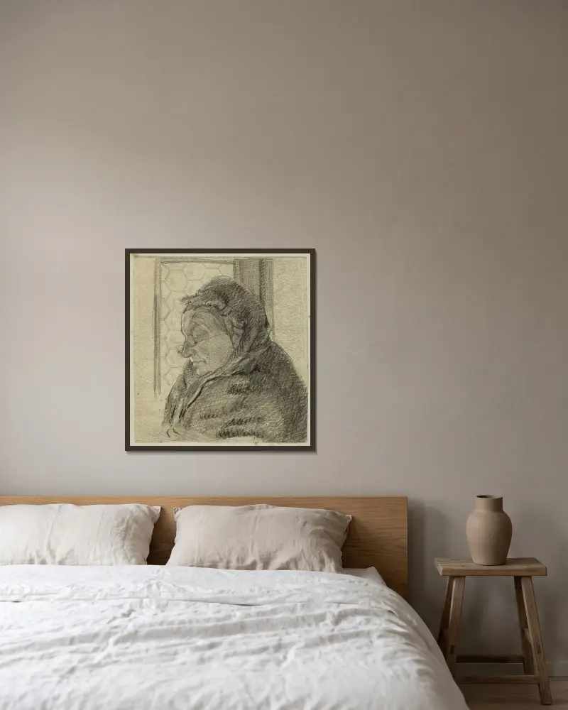 Porträtt av äldre kvinna framför ett fönster, i profil mot vänster av Arthur-Joseph Gueniot inramad på en vägg