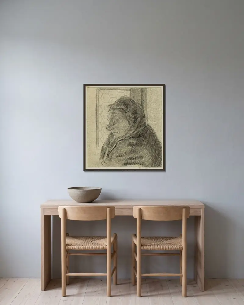 Porträtt av äldre kvinna framför ett fönster, i profil mot vänster av Arthur-Joseph Gueniot inramad på en vägg