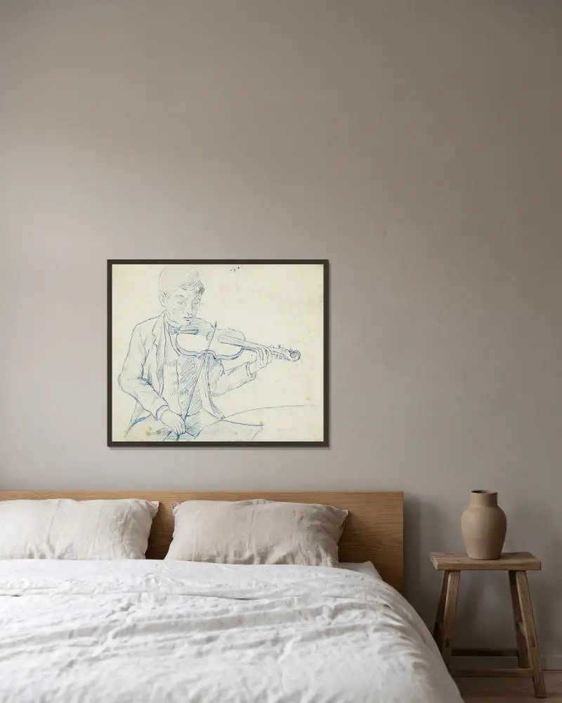 Porträt von M. Lhuillier, Cousin von Guéniot, Violine spielend – Nr. 1 von Arthur-Joseph Gueniot gerahmt an einer Wand