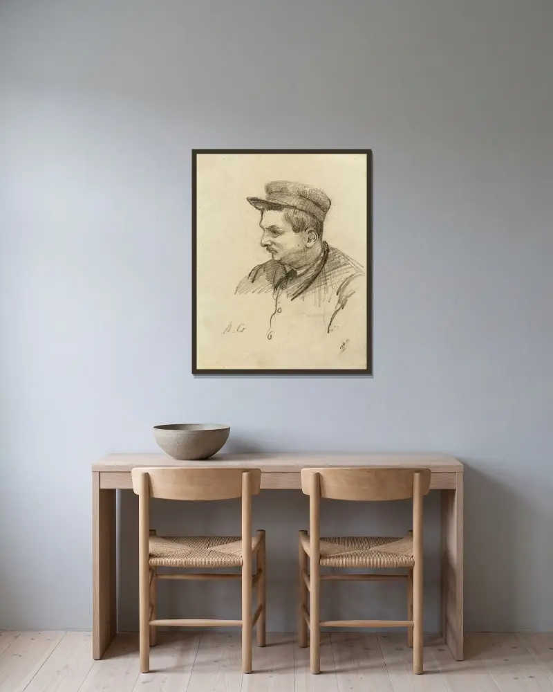 Porträtt av man med keps av Arthur-Joseph Gueniot inramad på en vägg