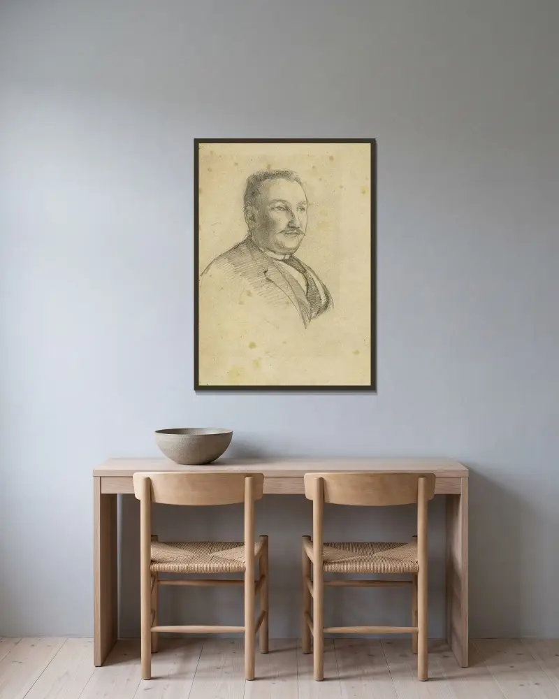 Porträtt av man i halvfigur, trekvartsprofil mot höger av Arthur-Joseph Gueniot inramad på en vägg