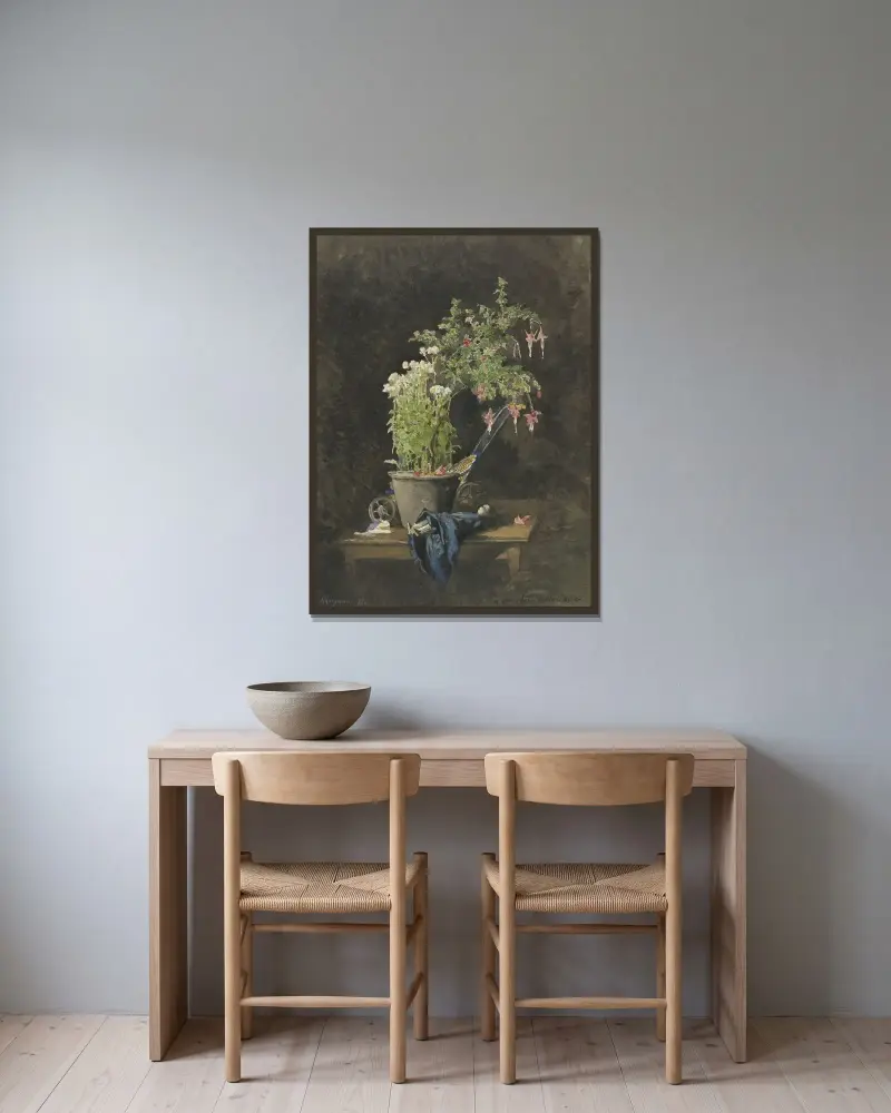 En kruka med Fuchsia och barnleksaker av Henri-Joseph Harpignies inramad på en vägg