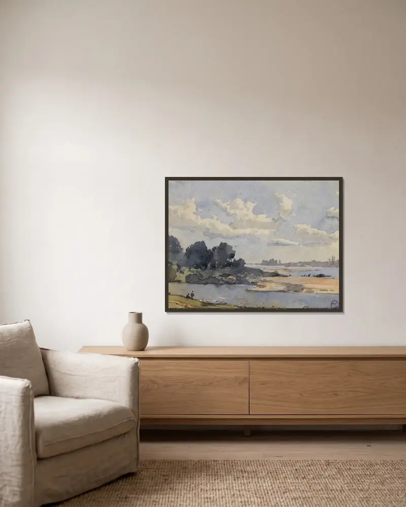Flussufer von Henri-Joseph Harpignies gerahmt an einer Wand