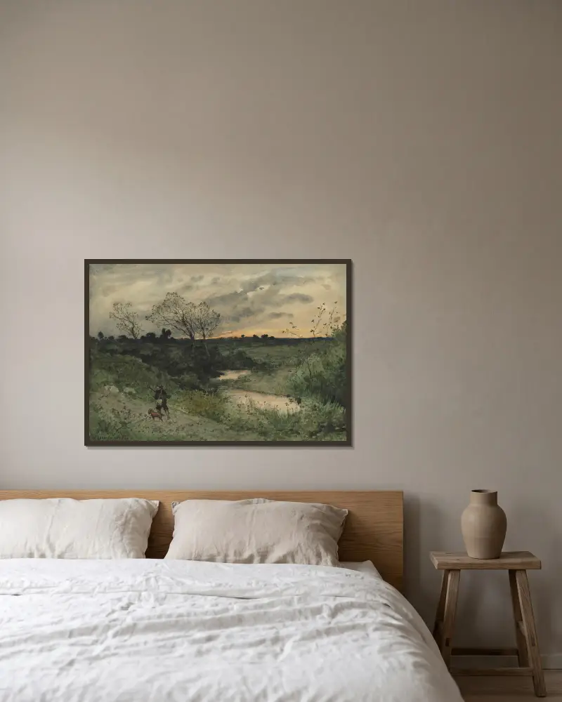 Morgendämmerung – Jäger mit Hund von Henri-Joseph Harpignies gerahmt an einer Wand