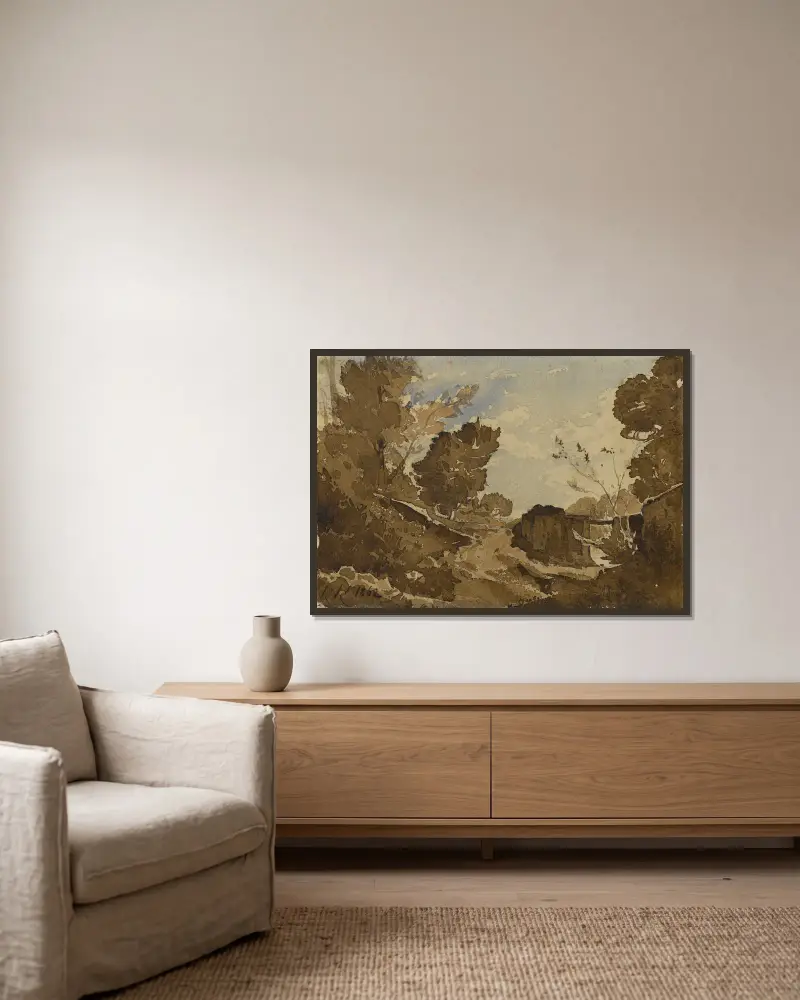 Fossé avec un petit pont av Henri-Joseph Harpignies inramad på en vägg