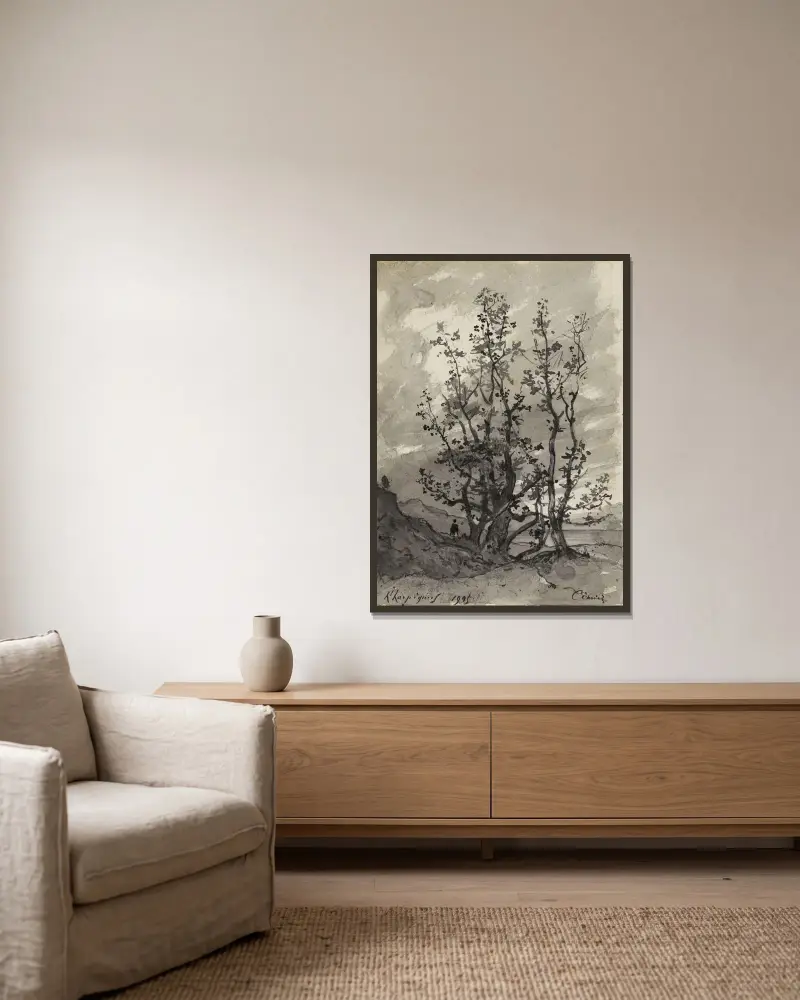 Groupe d’arbres avec un personnage av Henri-Joseph Harpignies inramad på en vägg