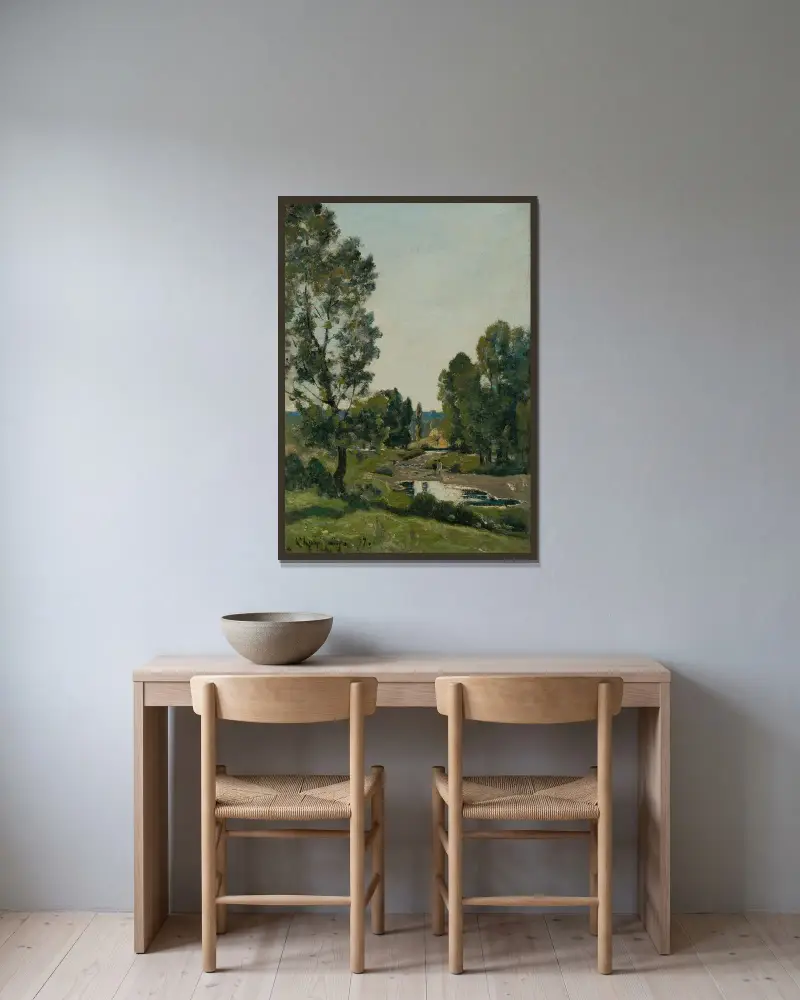 Vattenpölen i skogen av Henri-Joseph Harpignies inramad på en vägg
