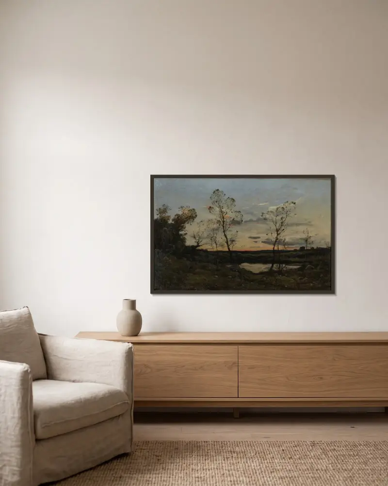 Landskap av Henri-Joseph Harpignies inramad på en vägg