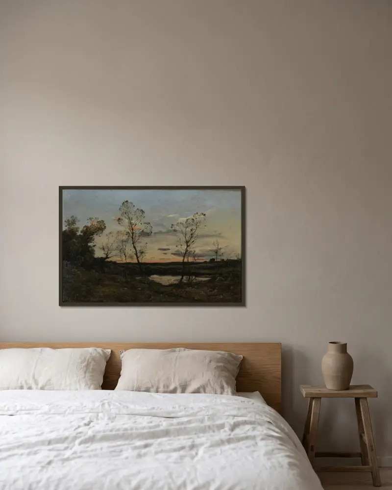 Landskap av Henri-Joseph Harpignies inramad på en vägg