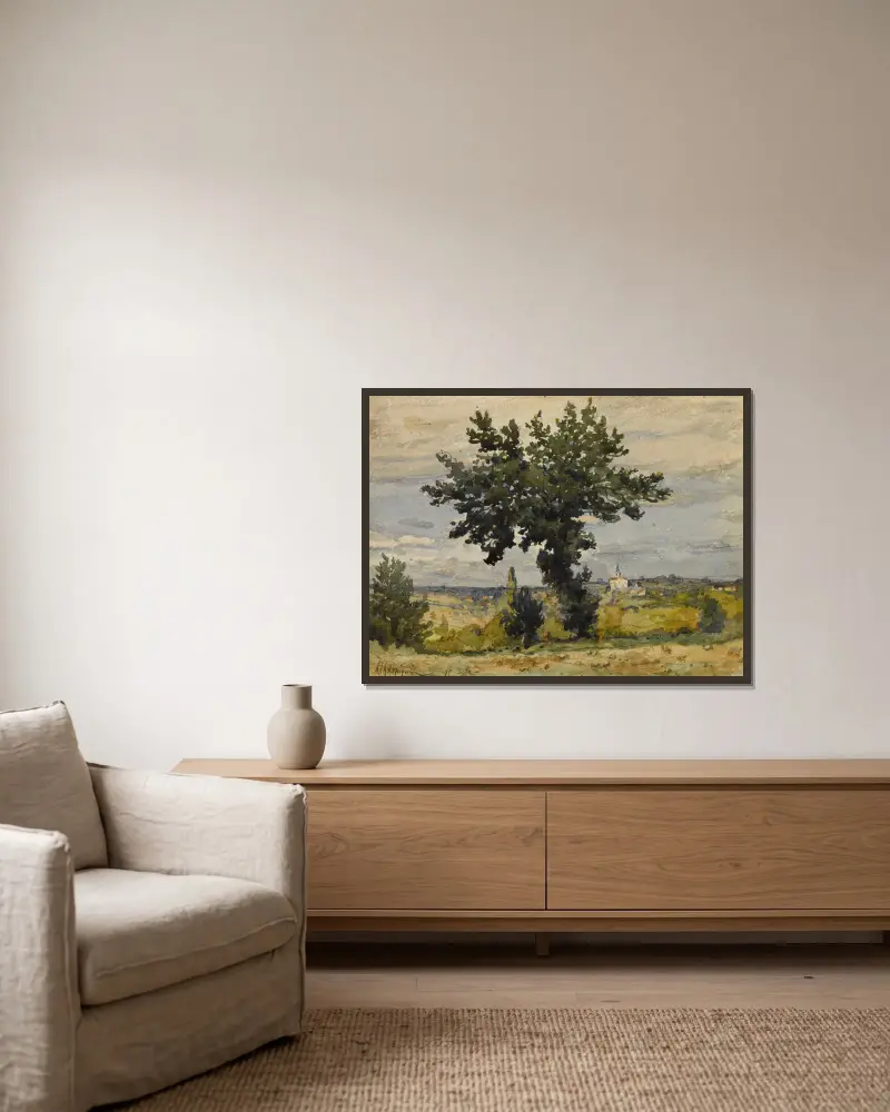 L’arbre au bord du chemin av Henri-Joseph Harpignies inramad på en vägg