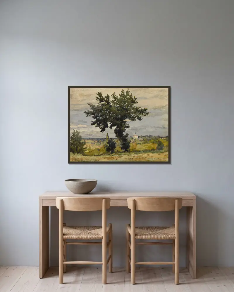 L’arbre au bord du chemin av Henri-Joseph Harpignies inramad på en vägg