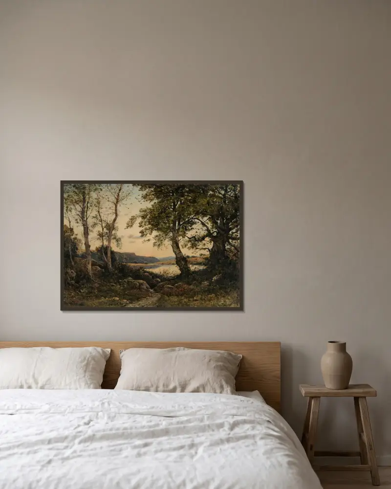 Gryningen av Henri-Joseph Harpignies inramad på en vägg