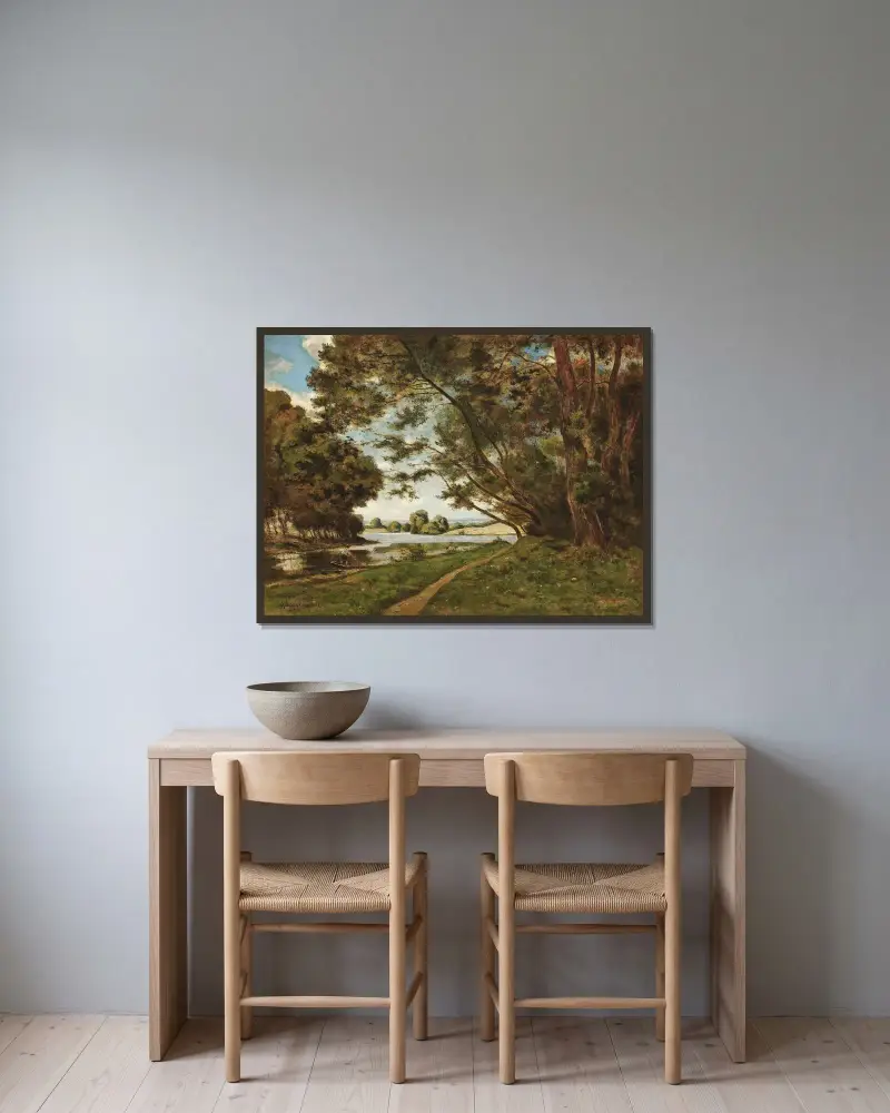 Stigen vid floden av Henri-Joseph Harpignies inramad på en vägg